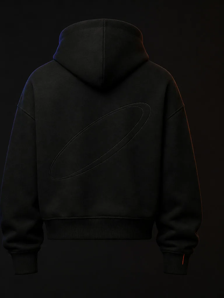 Back of the Gravity Hoodie: a long debossed orbit across the back, with an oxide bartack at the right cuff.