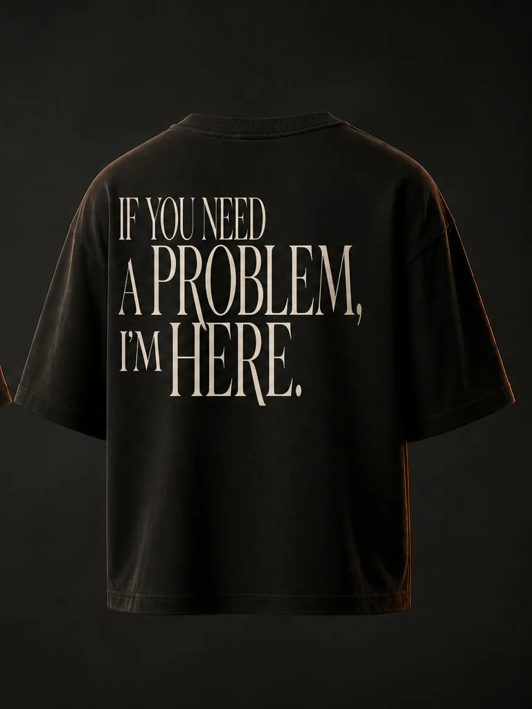 Back of the tee in a high-contrast bone serif: If you need a problem, I'm here.