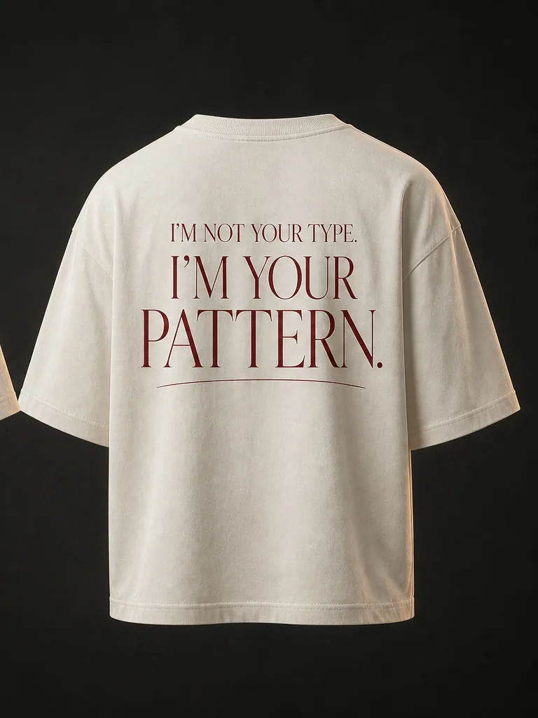 Back of the tee in a deep red editorial serif: I'm not your type. I'm your pattern.
