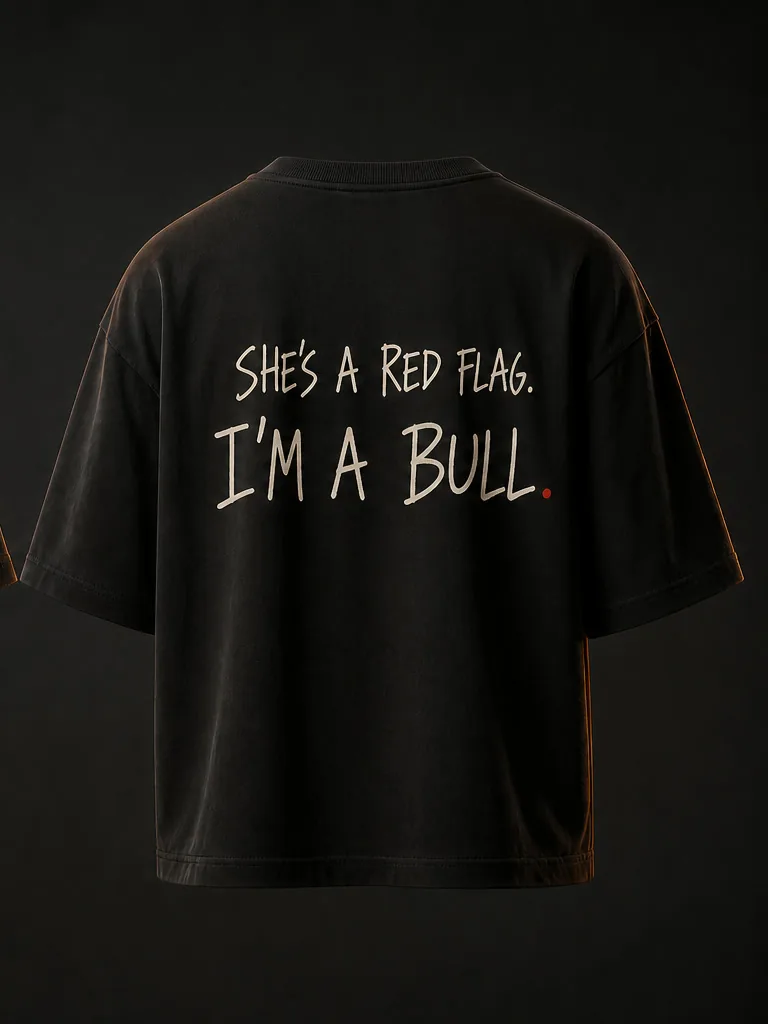 Back of the tee, hand-lettered in bone: She's a red flag. I'm a bull.